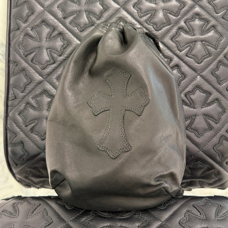 CHROME HEARTS Leather Cross Patch Drawstring Sack Leather Bag