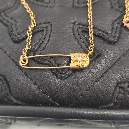 CHROME HEARTS 22K Safety Pin 1 Pave Diamond Roll Chain Necklace