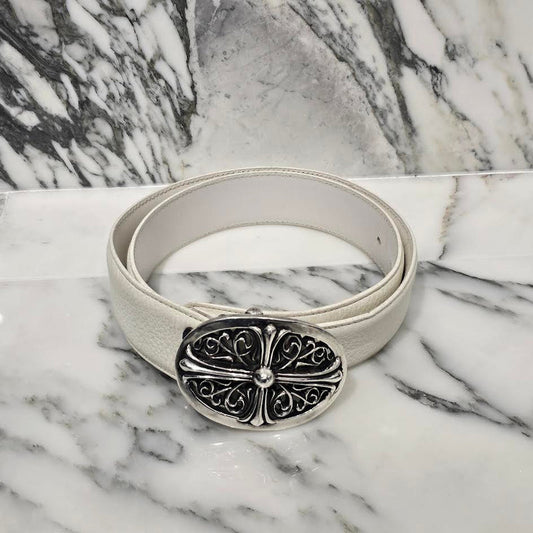CHROME HEARTS Classic Oval Cross Belt Buckle Scroll Label Rivets Leather Belt