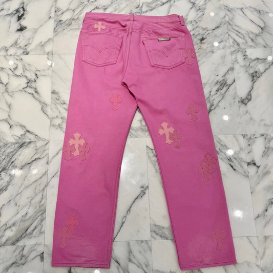 CHROME HEARTS × Levi's VNTG Pink Cross Leather Patch Jeans