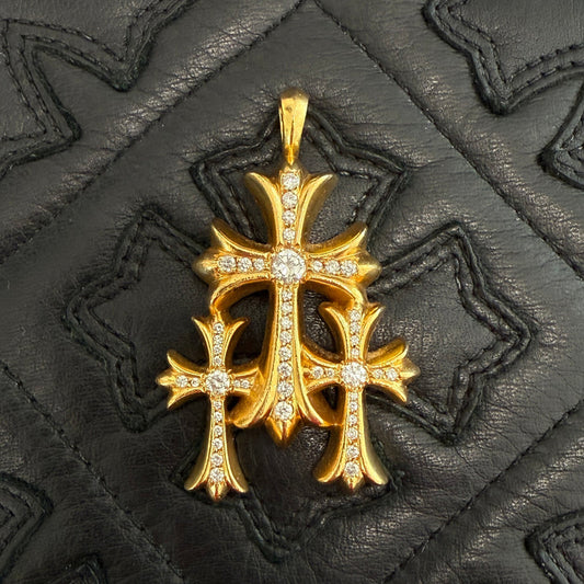 CHROME HEARTS 22K Triple CH Cross Pave Diamond Pendant Top