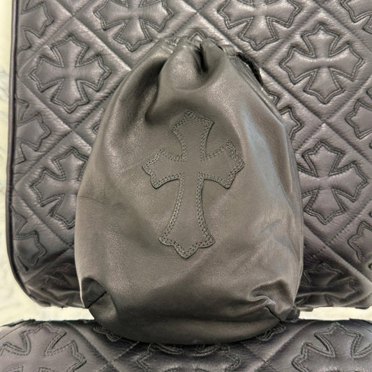 CHROME HEARTS Leather Cross Patch Drawstring Sack Leather Bag