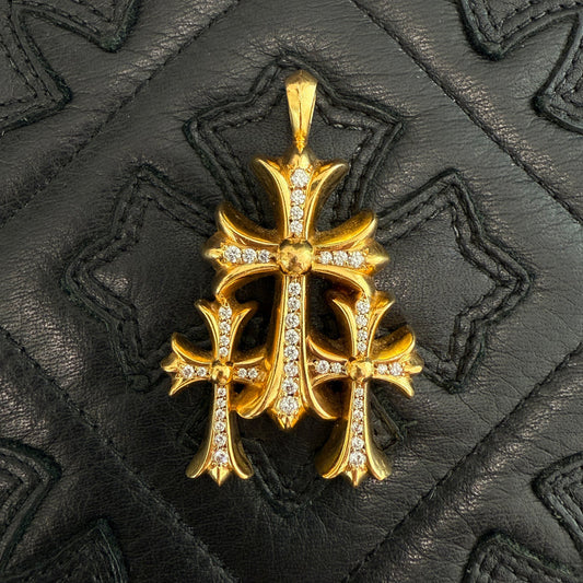 CHROME HEARTS 22K Triple CH Cross Pave Diamond Pendant Top