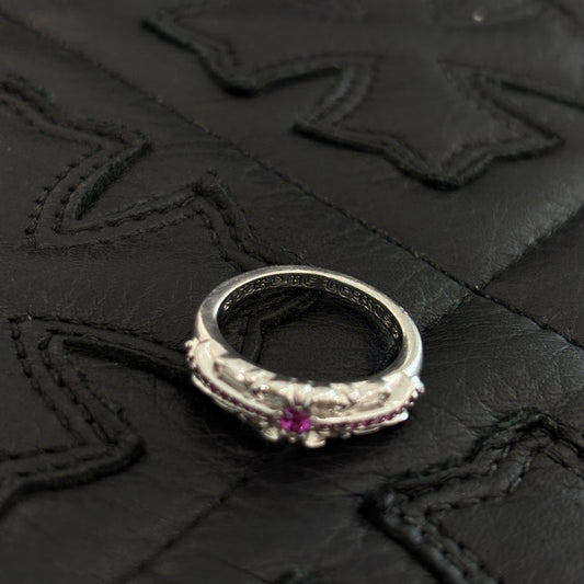 CHROME HEARTS 18K WG Baby Classic Floral Cross Pave Ruby Ring 13