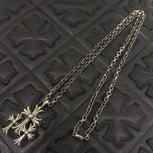 CHROME HEARTS Triple Cross Necklace Pendant Top & Paper Chain 30 Inch